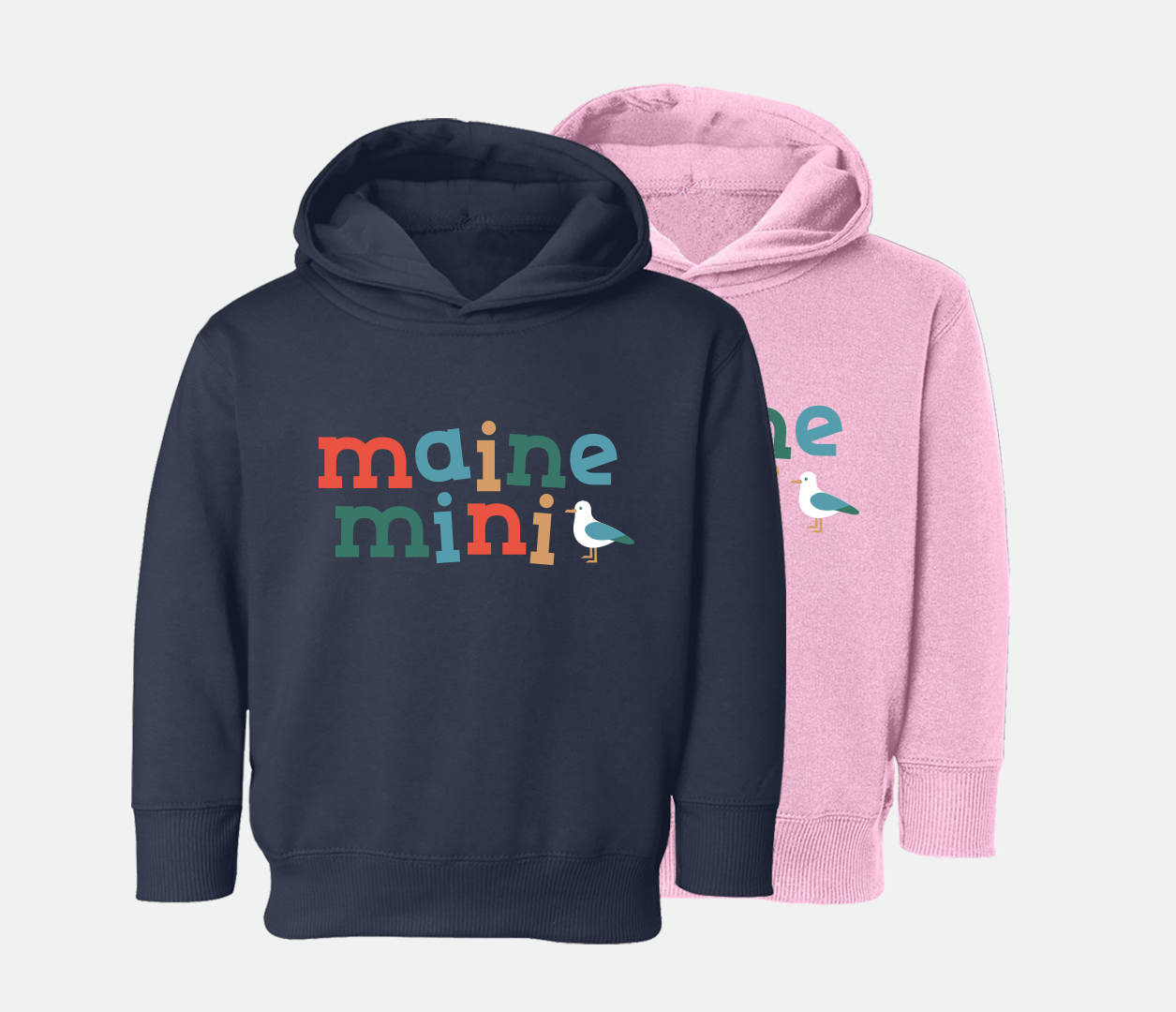 Navy and pink hoodies that says "Maine Mini' on the front