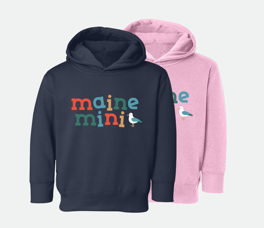 Navy and pink hoodies that says "Maine Mini' on the front