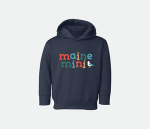Navy hoodie that says "Maine Mini' on the front