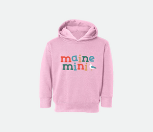 Pink hoodie that says "Maine Mini' on the front