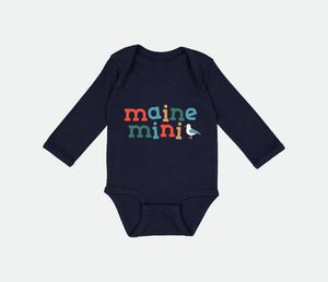 Navy onesie that says "Maine Mini' on the front