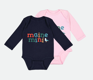 Navy and pink onesie's that says "Maine Mini' on the front